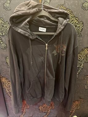 Lauren Moshi Brown Zip-Up Hoodie with Embroidered Tiger